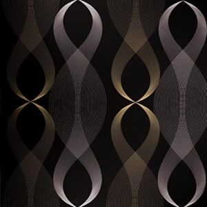 chengzhg 17.7" x 196" peel and stick stripe wallpaper modern black contact paper black and gold removable wave wallpaper self adhesive film for cabinets kitchen bedroom furniture