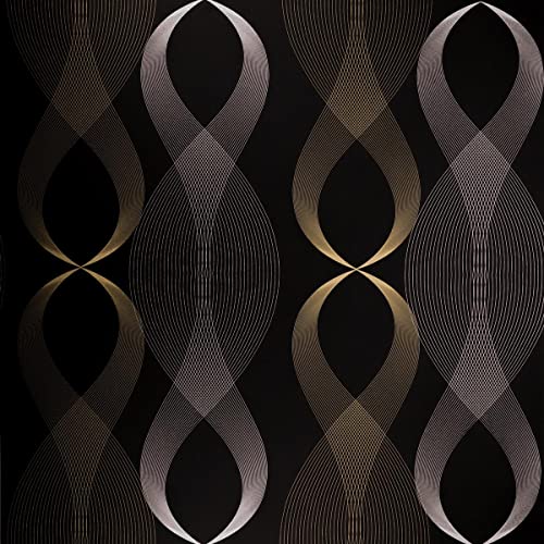 CHENGZHG 17.7" x 196" Peel and Stick Stripe Wallpaper Modern Black Contact Paper Black and Gold Removable Wave Wallpaper Self Adhesive Film for Cabinets Kitchen Bedroom Furniture