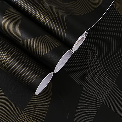 CHENGZHG 17.7" x 196" Peel and Stick Stripe Wallpaper Modern Black Contact Paper Black and Gold Removable Wave Wallpaper Self Adhesive Film for Cabinets Kitchen Bedroom Furniture