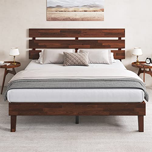 Crisinant Wood Bed Frame with Headboard/Solid Wooden Platform Bed/Sturdy Wood Foundation/No Box Spring Needed/No Noise / 14 Inch, Queen