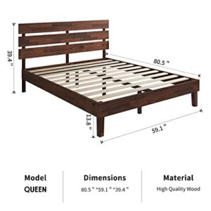 Crisinant Wood Bed Frame with Headboard/Solid Wooden Platform Bed/Sturdy Wood Foundation/No Box Spring Needed/No Noise / 14 Inch, Queen