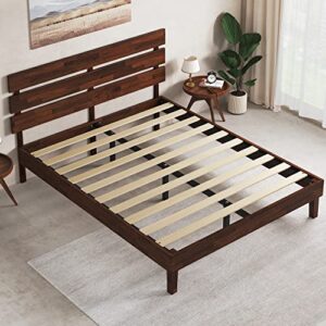 Crisinant Wood Bed Frame with Headboard/Solid Wooden Platform Bed/Sturdy Wood Foundation/No Box Spring Needed/No Noise / 14 Inch, Queen