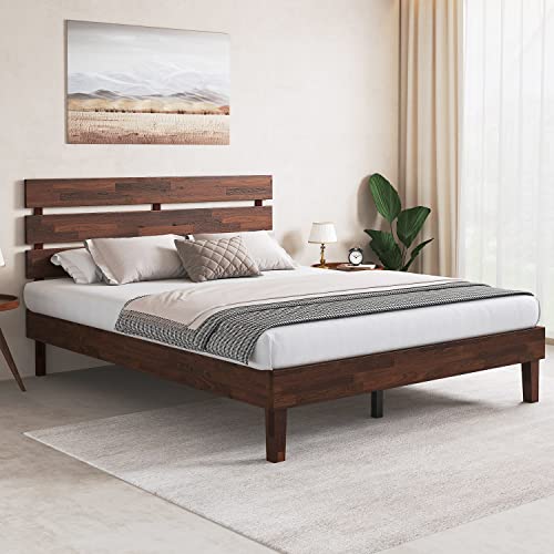 Crisinant Wood Bed Frame with Headboard/Solid Wooden Platform Bed/Sturdy Wood Foundation/No Box Spring Needed/No Noise / 14 Inch, Queen
