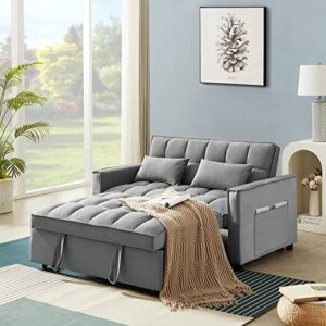 3 in 1 convertible sleeper sofa bed, modern velvet loveseat futon couch w/pullout bed, small love seat lounge sofa w/reclining backrest, toss pillows, pockets, furniture for living room, grey