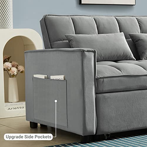 3 in 1 Convertible Sleeper Sofa Bed, Modern Velvet Loveseat Futon Couch w/Pullout Bed, Small Love Seat Lounge Sofa w/Reclining Backrest, Toss Pillows, Pockets, Furniture for Living Room, Grey