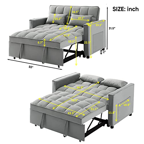 3 in 1 Convertible Sleeper Sofa Bed, Modern Velvet Loveseat Futon Couch w/Pullout Bed, Small Love Seat Lounge Sofa w/Reclining Backrest, Toss Pillows, Pockets, Furniture for Living Room, Grey