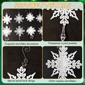 White Christmas Snowflake Ornaments - 8Pcs Plastic 3D Glitter White Snowflake Ornaments with Crystal Pendant and Hook for Christmas Tree Decorations Winter Wonderland Frozen Birthday Party Supplies