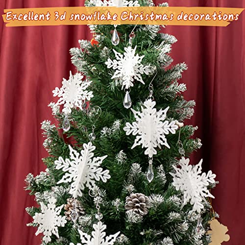 White Christmas Snowflake Ornaments - 8Pcs Plastic 3D Glitter White Snowflake Ornaments with Crystal Pendant and Hook for Christmas Tree Decorations Winter Wonderland Frozen Birthday Party Supplies