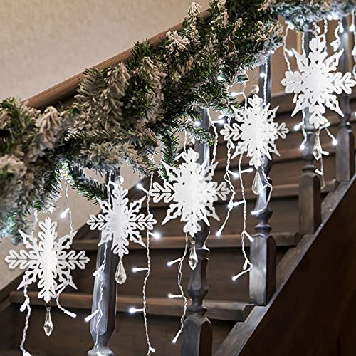 White Christmas Snowflake Ornaments - 8Pcs Plastic 3D Glitter White Snowflake Ornaments with Crystal Pendant and Hook for Christmas Tree Decorations Winter Wonderland Frozen Birthday Party Supplies