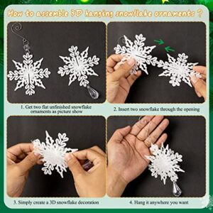 White Christmas Snowflake Ornaments - 8Pcs Plastic 3D Glitter White Snowflake Ornaments with Crystal Pendant and Hook for Christmas Tree Decorations Winter Wonderland Frozen Birthday Party Supplies