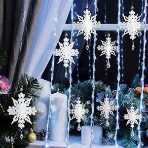 White Christmas Snowflake Ornaments - 8Pcs Plastic 3D Glitter White Snowflake Ornaments with Crystal Pendant and Hook for Christmas Tree Decorations Winter Wonderland Frozen Birthday Party Supplies