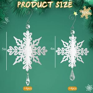 White Christmas Snowflake Ornaments - 8Pcs Plastic 3D Glitter White Snowflake Ornaments with Crystal Pendant and Hook for Christmas Tree Decorations Winter Wonderland Frozen Birthday Party Supplies