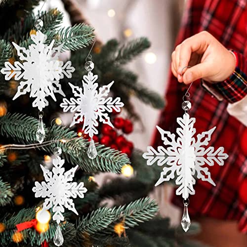 White Christmas Snowflake Ornaments - 8Pcs Plastic 3D Glitter White Snowflake Ornaments with Crystal Pendant and Hook for Christmas Tree Decorations Winter Wonderland Frozen Birthday Party Supplies