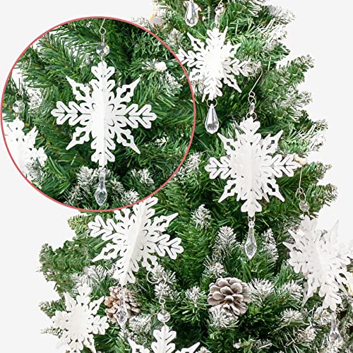 White Christmas Snowflake Ornaments - 8Pcs Plastic 3D Glitter White Snowflake Ornaments with Crystal Pendant and Hook for Christmas Tree Decorations Winter Wonderland Frozen Birthday Party Supplies