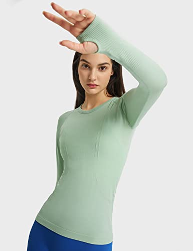 LUYAA Womens Workout Tops Long Sleeve Shirts Yoga Sports Running Breathable Gym Athletic Top Slim Fit Light Green Large