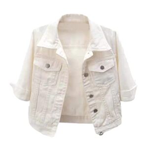 amebelle women's 3/4 sleeve strech distress slim crop denim jean trucker jacket(0099-white-l)