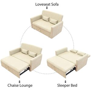 LEVNARY 55" Pull-Out Sofa Bed, Small Convertible Couch Bed with Adjustable Backrest, Modern Tufted Sleeper Sofa Velvet Loveseat with 2 Pillows for Living Room Apartment (Beige)