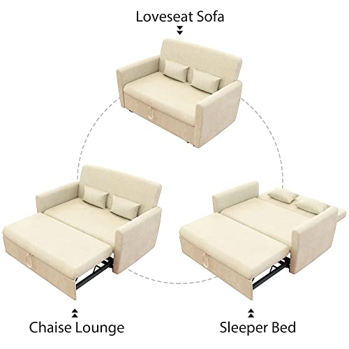 LEVNARY 55" Pull-Out Sofa Bed, Small Convertible Couch Bed with Adjustable Backrest, Modern Tufted Sleeper Sofa Velvet Loveseat with 2 Pillows for Living Room Apartment (Beige)