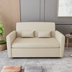 LEVNARY 55" Pull-Out Sofa Bed, Small Convertible Couch Bed with Adjustable Backrest, Modern Tufted Sleeper Sofa Velvet Loveseat with 2 Pillows for Living Room Apartment (Beige)