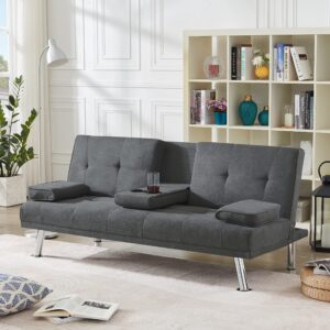 dklgg convertible futon sofa bed, upholstered sofa couch, recliner loveseat folding daybed with 2 cup holders and removable armrests sleeper sofa for small space, home, living room, dark gray