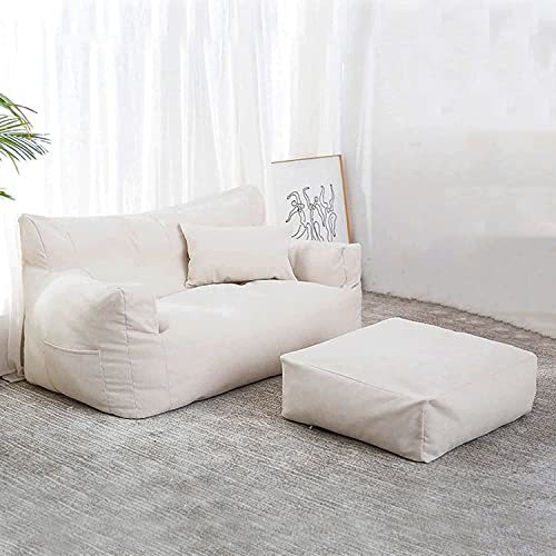 OMKUOSYA Double Bean Bag Chair Lazy Sofa w/Footstool (Cover ONLY, NO Filler) Durable Comfort Lounger High Back Bean Bag Chair Couch for Adults and Kids, Indoor & Outdoor, Beige