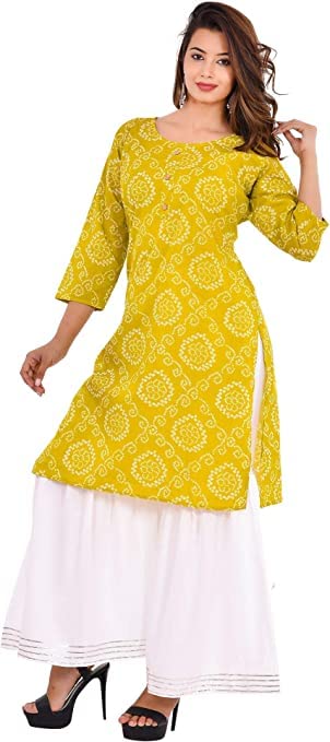 Vrnda Indian Women's Jaipuri Bandhani Printed Straight Cotton Kurti & Rayon Sharara Set For Women (L)