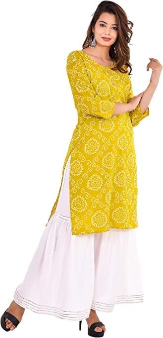 Vrnda Indian Women's Jaipuri Bandhani Printed Straight Cotton Kurti & Rayon Sharara Set For Women (L)