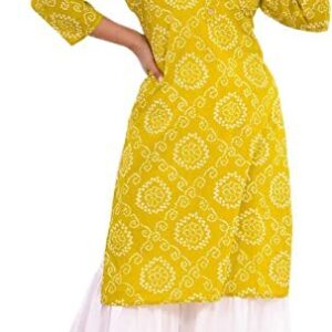 Vrnda Indian Women's Jaipuri Bandhani Printed Straight Cotton Kurti & Rayon Sharara Set For Women (L)