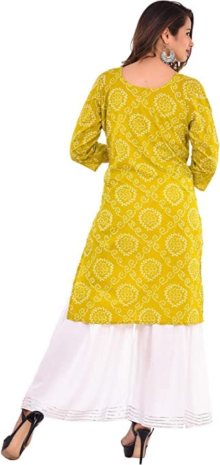 Vrnda Indian Women's Jaipuri Bandhani Printed Straight Cotton Kurti & Rayon Sharara Set For Women (L)