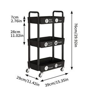 Laiensia 3-Tier Storage Cart,Multifunction Utility Rolling Cart Kitchen Storage Organizer,Mobile Shelving Unit Cart with Lockable Wheels for Bathroom,Laundry,Living Room,With Classified Stickers,Black