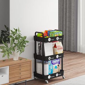 Laiensia 3-Tier Storage Cart,Multifunction Utility Rolling Cart Kitchen Storage Organizer,Mobile Shelving Unit Cart with Lockable Wheels for Bathroom,Laundry,Living Room,With Classified Stickers,Black