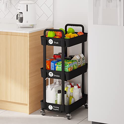 Laiensia 3-Tier Storage Cart,Multifunction Utility Rolling Cart Kitchen Storage Organizer,Mobile Shelving Unit Cart with Lockable Wheels for Bathroom,Laundry,Living Room,With Classified Stickers,Black