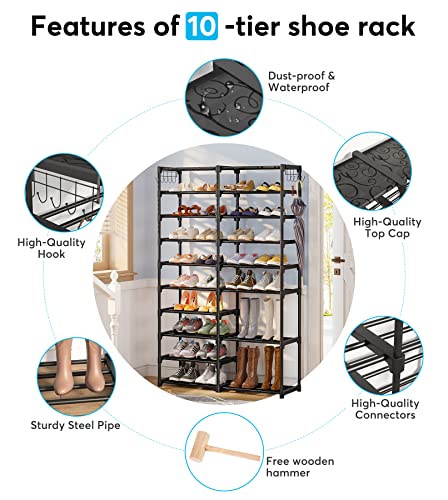 Tribesigns Shoe Rack Organizer, 36-44 Pairs Storage Shelf, 10 Tiers Stand, for Closet, Boot Organizer with 2 Hooks, Stackable Tower