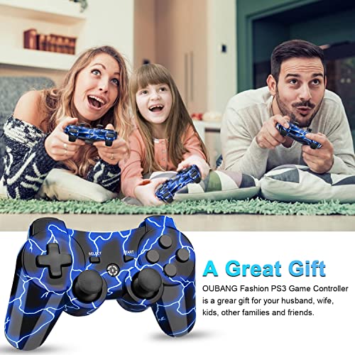 Blue Wireless Remote Works for PS3 Controller, OUBNAG Gamepad for PS3 Controllers Compatible with Playstation 3 Controller, Cool Lightning Pa3 Controller Gift for Kids Boy Girl Man Lightning Blue