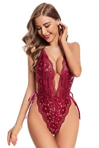 ADSEXY Lingerie for Women Sexy Naughty Teddy Floral See Through Bodysuit Deep V Neck Lace Mini Babydoll Chemise One Piece Red S