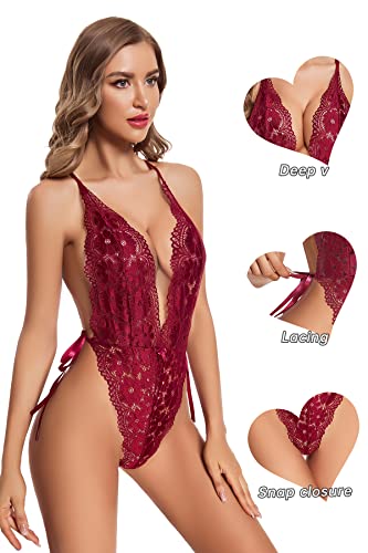 ADSEXY Lingerie for Women Sexy Naughty Teddy Floral See Through Bodysuit Deep V Neck Lace Mini Babydoll Chemise One Piece Red S