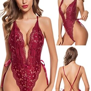 ADSEXY Lingerie for Women Sexy Naughty Teddy Floral See Through Bodysuit Deep V Neck Lace Mini Babydoll Chemise One Piece Red S