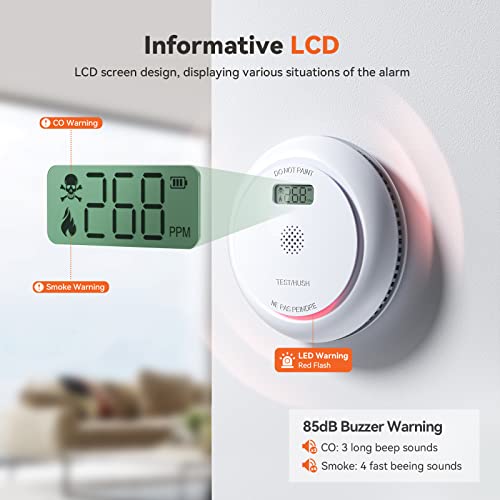 Jemay Combination Smoke and Carbon Monoxide Detector, Battery Operated Smoke Detector Carbon Monoxide Detector Combo with 10-Year Lifespan，Large LCD Display, Test/Silence Button, 1 Pack