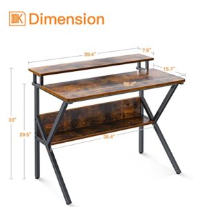 ODK Small Desk, 39 Inch Small Computer Desk for Small Spaces, Compact Desk with Storage, Tiny Desk Study Desk with Monitor Stand for Home Office, Rustic Brown