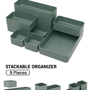 9 Pcs Stackable Drawer Organizer Trays Set, Multifunctional Stackable Storage Trays for Vanity, Bathroom, Kitchen, Desk Drawer Organizer Office. Plastic Drawer Organizers Available In 5 Colours, Green