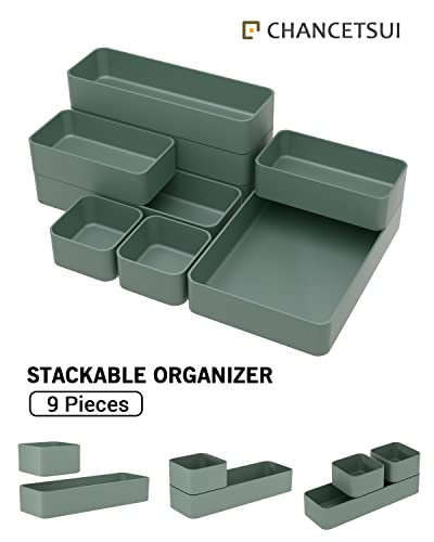 9 Pcs Stackable Drawer Organizer Trays Set, Multifunctional Stackable Storage Trays for Vanity, Bathroom, Kitchen, Desk Drawer Organizer Office. Plastic Drawer Organizers Available In 5 Colours, Green