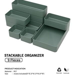 9 Pcs Stackable Drawer Organizer Trays Set, Multifunctional Stackable Storage Trays for Vanity, Bathroom, Kitchen, Desk Drawer Organizer Office. Plastic Drawer Organizers Available In 5 Colours, Green