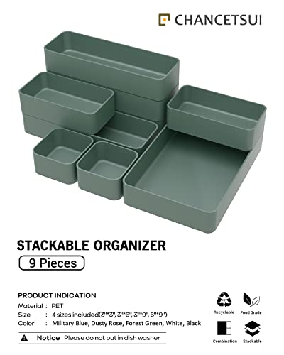 9 Pcs Stackable Drawer Organizer Trays Set, Multifunctional Stackable Storage Trays for Vanity, Bathroom, Kitchen, Desk Drawer Organizer Office. Plastic Drawer Organizers Available In 5 Colours, Green