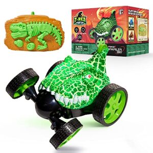 force1 dino whirler t-rex 360 stunt car mini rc car for kids - fast remote control mini stunt car 5 wheels leds 360 flips standing rotating small rc car 2.4 ghz remote control car toy for boys girls