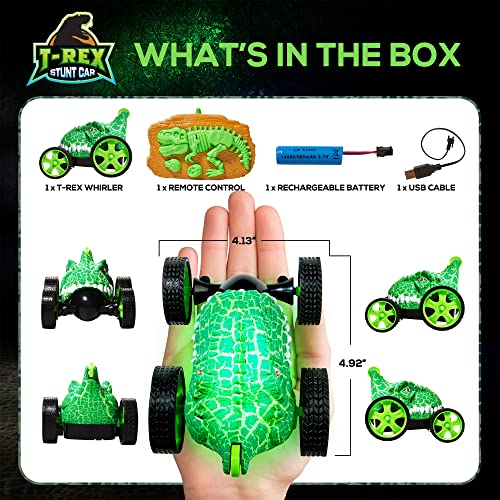 Force1 Dino Whirler T-Rex 360 Stunt Car Mini RC Car for Kids - Fast Remote Control Mini Stunt Car 5 Wheels LEDs 360 Flips Standing Rotating Small RC Car 2.4 GHZ Remote Control Car Toy for Boys Girls