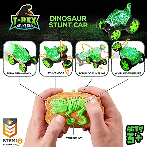Force1 Dino Whirler T-Rex 360 Stunt Car Mini RC Car for Kids - Fast Remote Control Mini Stunt Car 5 Wheels LEDs 360 Flips Standing Rotating Small RC Car 2.4 GHZ Remote Control Car Toy for Boys Girls