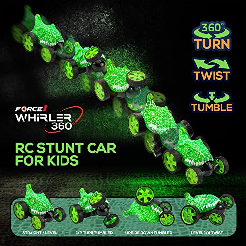 Force1 Dino Whirler T-Rex 360 Stunt Car Mini RC Car for Kids - Fast Remote Control Mini Stunt Car 5 Wheels LEDs 360 Flips Standing Rotating Small RC Car 2.4 GHZ Remote Control Car Toy for Boys Girls