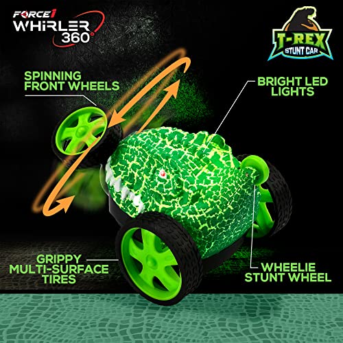 Force1 Dino Whirler T-Rex 360 Stunt Car Mini RC Car for Kids - Fast Remote Control Mini Stunt Car 5 Wheels LEDs 360 Flips Standing Rotating Small RC Car 2.4 GHZ Remote Control Car Toy for Boys Girls