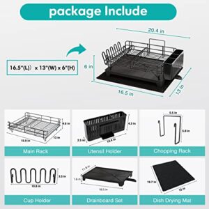 MAJALiS Dish Drying Rack with Drainboard Set, Large Dish Drainers for Kitchen Counter, Stainless Steel Drying Rack with Utensil Holder and Dryer Mat, Kitchen Dish Strainer Rack (Black - One Tier)