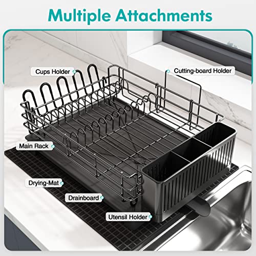 MAJALiS Dish Drying Rack with Drainboard Set, Large Dish Drainers for Kitchen Counter, Stainless Steel Drying Rack with Utensil Holder and Dryer Mat, Kitchen Dish Strainer Rack (Black - One Tier)